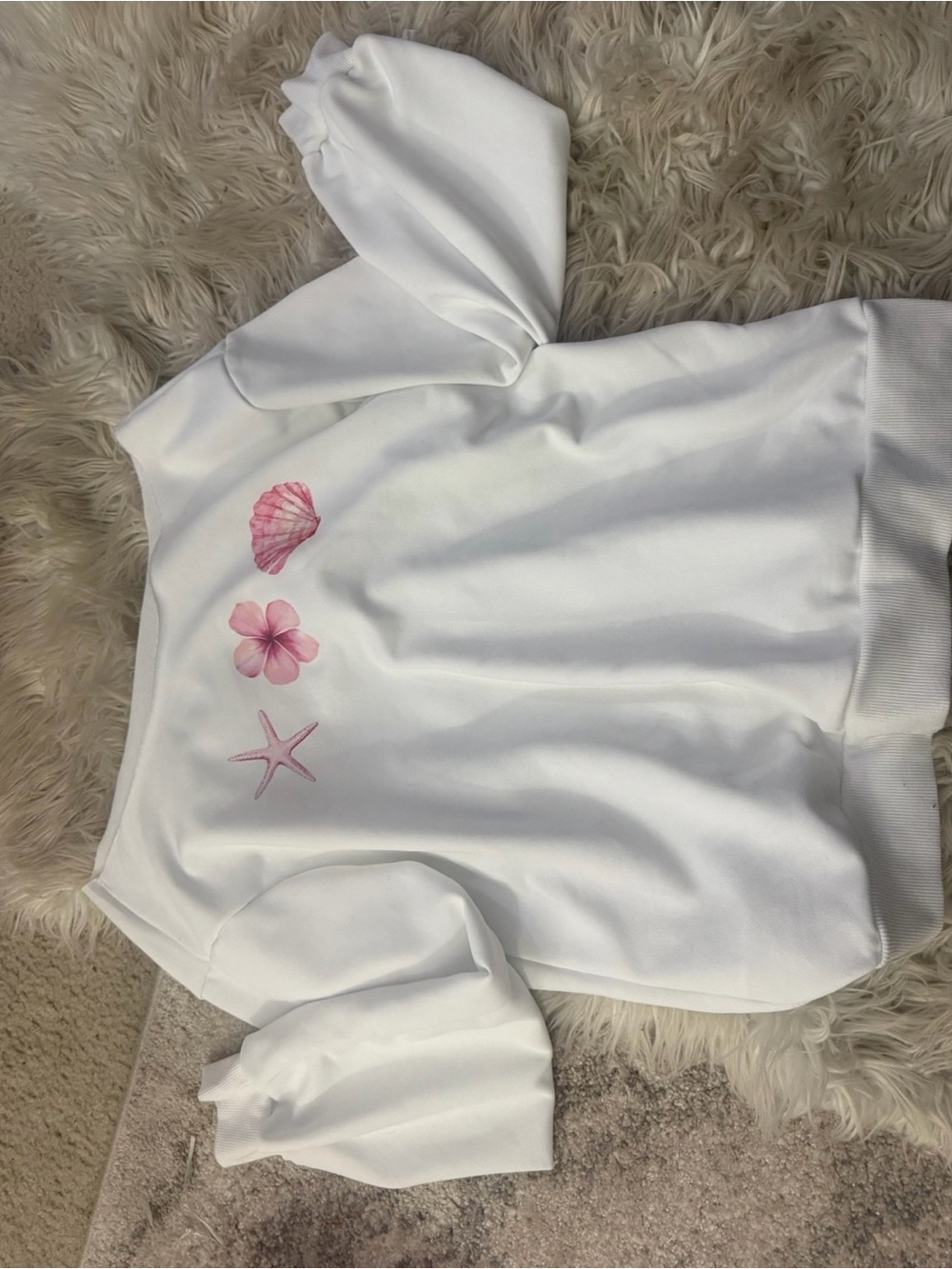 White Pullover Sweatshirt with Pink Seashell & Starfish Motif